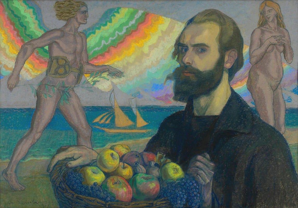 Jan Rembowski - Autoportret z koszem owoców na tle morza