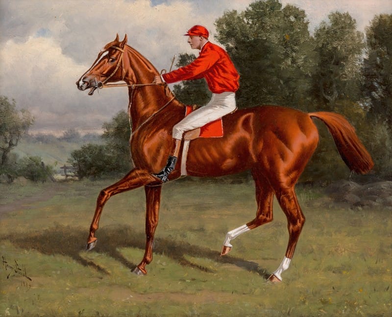 Henry Stull - Chestnut racehorse, possibly Chaos, winner of the Second Futurity Stakes, with jockey up