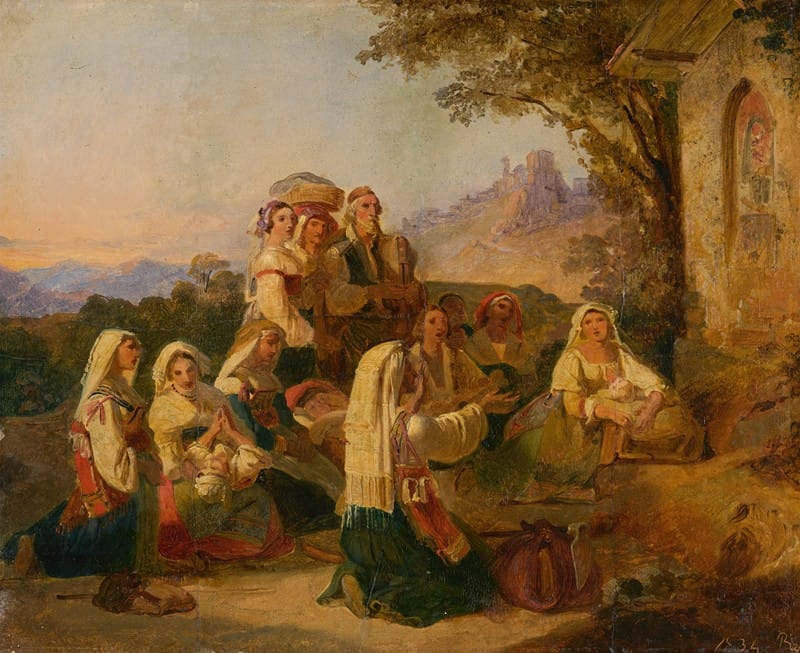 Johann Baptist Kirner - Italian peasants at prayer in front of a wayside shrine near Cervara