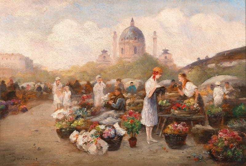 Emil Barbarini - Vienna, Flower Market before the Church of St. Charles