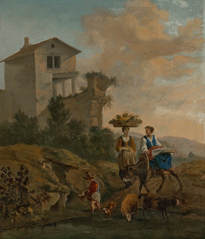Hendrik Mommers - An Italianate landscape with women travelling to market