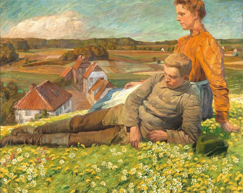 Hugo Walzer - A Spring Landscape with a Young Couple