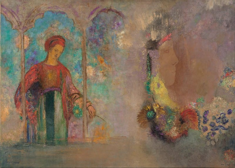 Odilon Redon - Woman in a gothic arcade; woman with flowers