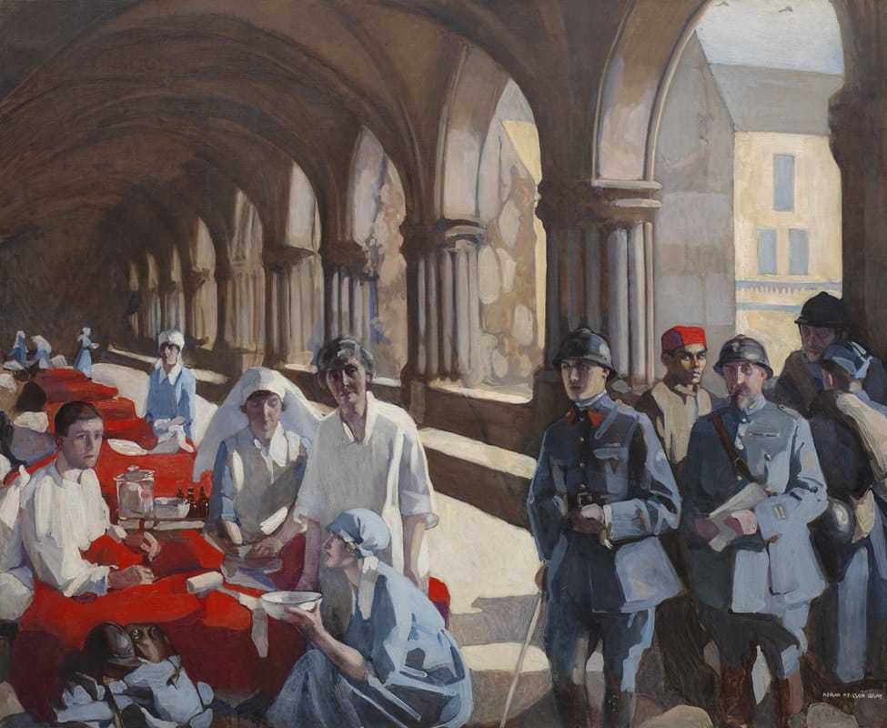 Norah Neilson Gray - The Scottish Women’s Hospital – in the Cloister of the Abbaye at Royaumont. Dr. Frances Ivens inspecting a French patient