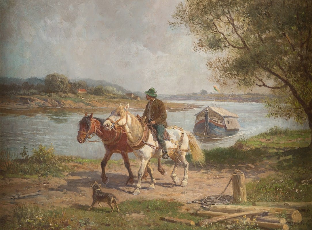 Fritz Van Der Venne - Farmer with horses by a river