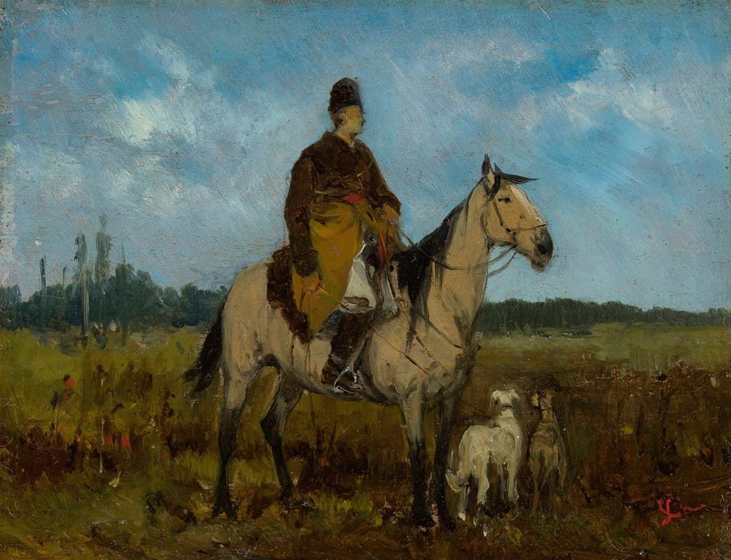 Jan Chełmiński - Rider on horseback with greyhounds