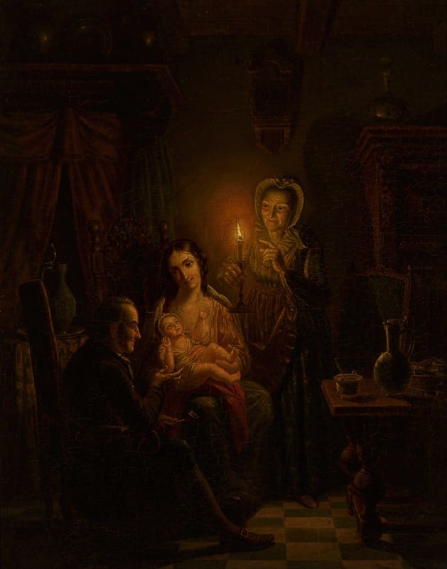 Willem Thans - Family scene indoors by candlelight