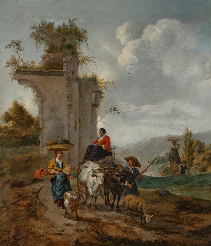 Hendrik Mommers - An Italianate landscape with villagers and an ox-cart