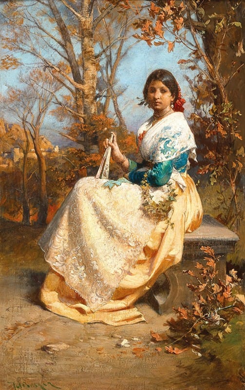 Julius Viktor Berger - A Spanish Girl with Fan on a Park Bench