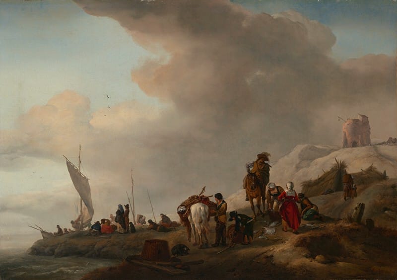 Philips Wouwerman - Fisherfolk unloading their catch on the seashore