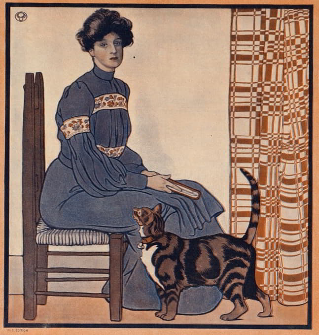 一个女人坐在椅子上，手里拿着一本书，一只猫在一旁看着。