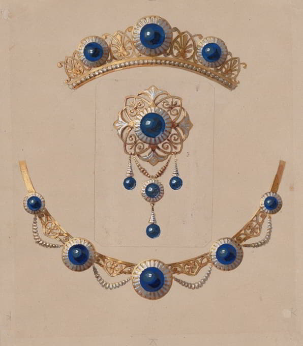王冠、胸针和项链的镶有青金石和珐琅