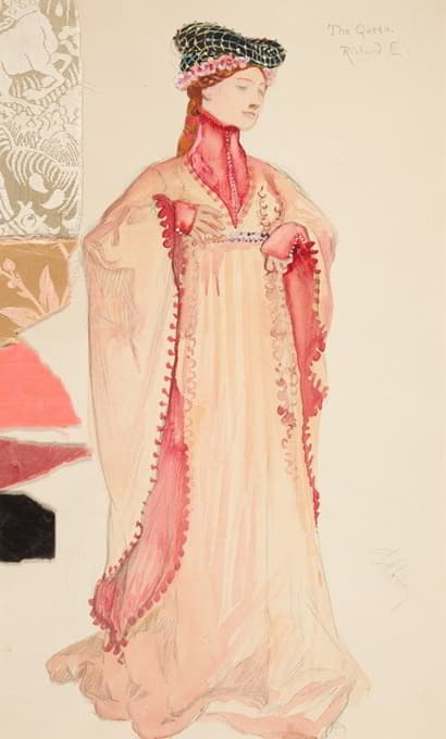 女王（粉红色），亨利·欧文1898年计划制作的《理查二世》的服装素描