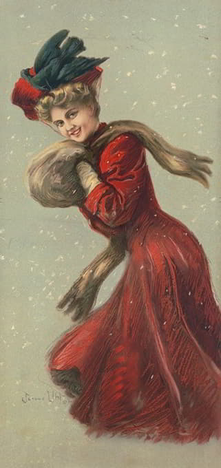 雪地里穿着红色外套、戴着毛皮围巾的帽子的女人