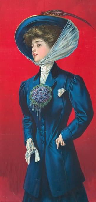 戴蓝色帽子和外套的女士，翻领上有花朵胸花