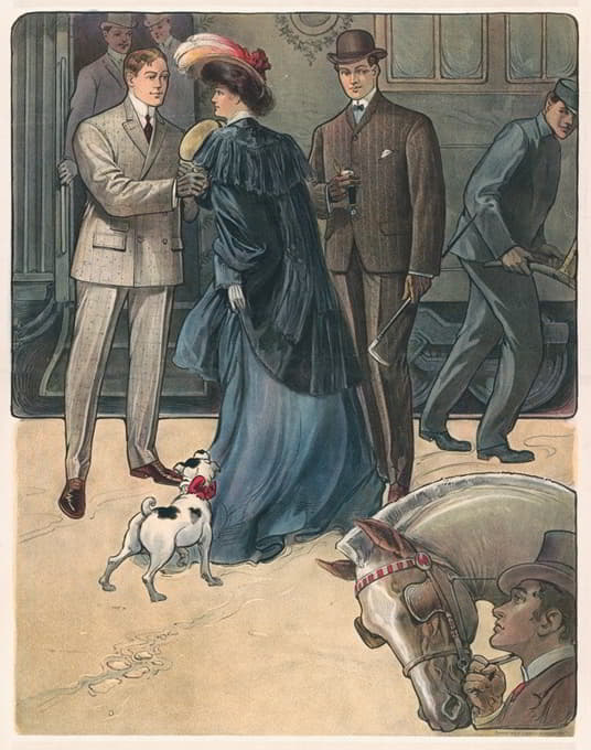 在前场，牵着狗的女人和两个男人被牵着马的男人盯着