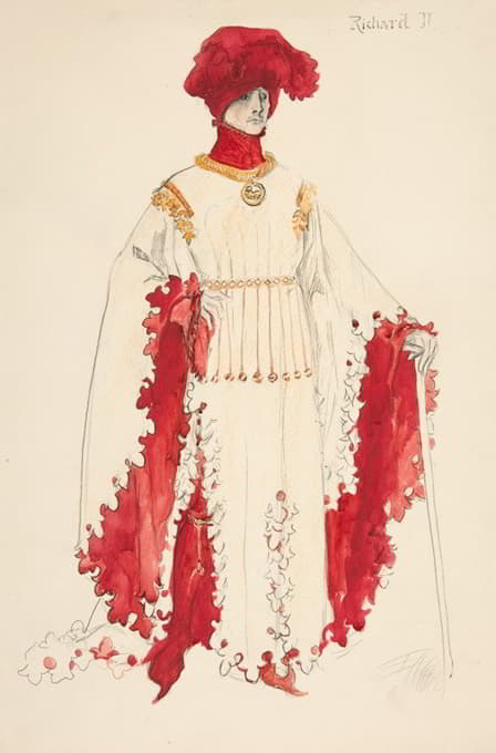 理查德二世（红色），亨利·欧文1898年计划制作的理查德二世的服装素描