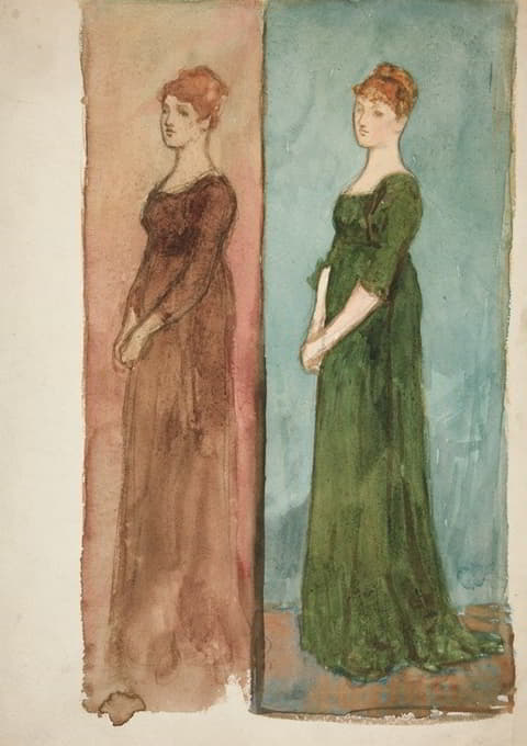 一个女人的两张素描（穿红的，穿绿的）-一出戏的服装研究