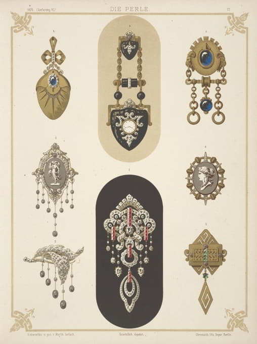 八种珠宝设计，包括黑色和金色胸针和小手表。