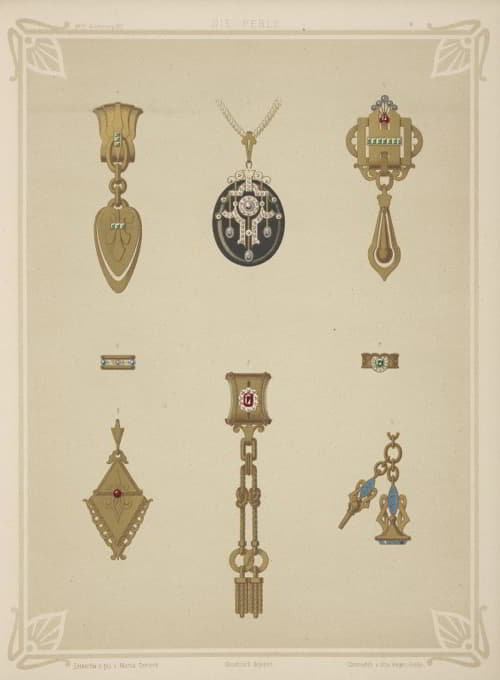 八种珠宝设计，包括黑色钻石吊坠。