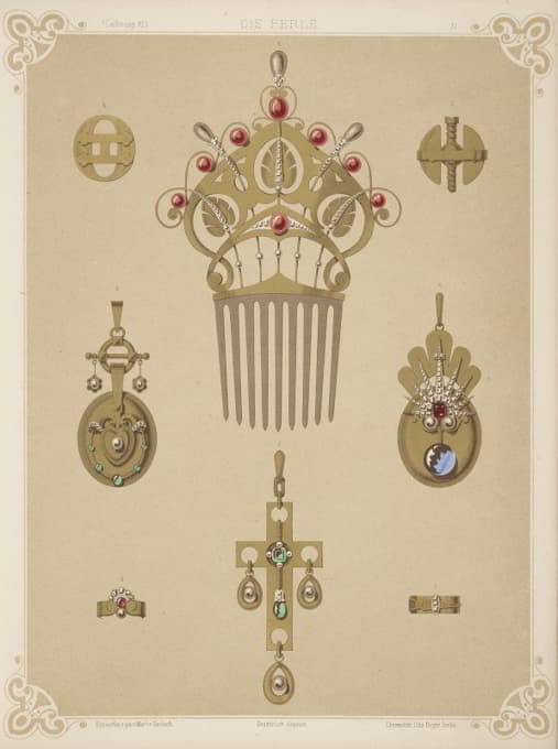 八种珠宝设计，包括镶有红色和灰色珍珠的金梳。