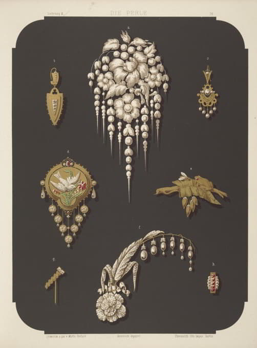 八种珠宝设计，包括带有珍珠和花朵的大号别针。