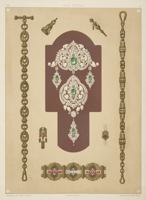 八种珠宝设计，包括镶有钻石和绿宝石的别针。