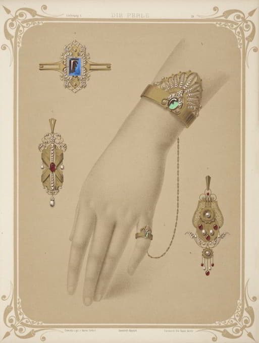 五种珠宝设计，包括镶有钻石和绿色宝石的手镯。