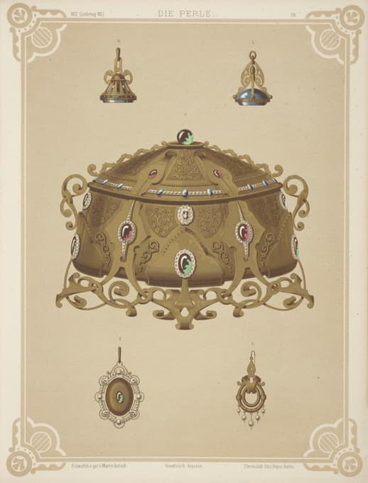 五种珠宝设计，包括镶有红色和绿色宝石的金王冠。