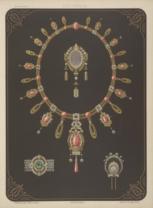 四种珠宝设计，包括带有粉色宝石的大项链。
