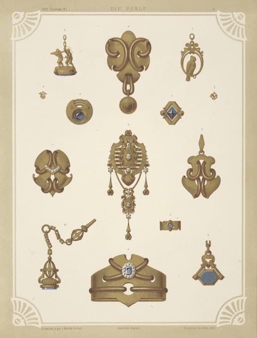14种珠宝设计，包括金胸针和蓝色宝石别针。
