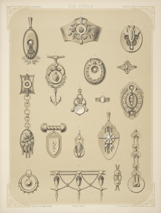 Martin Gerlach - Ii Jahrgang (Liefr. I) 3. [Seventeen Designs For Jewelry, Including Brooch With Question Mark.]