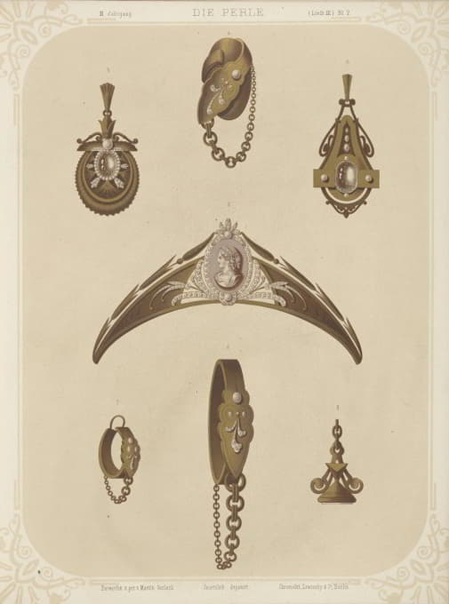 Martin Gerlach - Ii Jahrgang (Liefr. Iii) Bl. 7. [Seven Designs For Jewelry, Including Tiara With Central Cameo.]