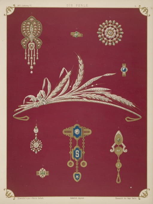 九种珠宝设计，包括一捆麦子形状的钻石头饰。