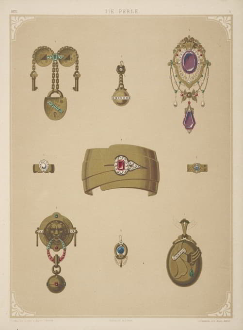 九种珠宝设计，包括镶有红石的金手镯。
