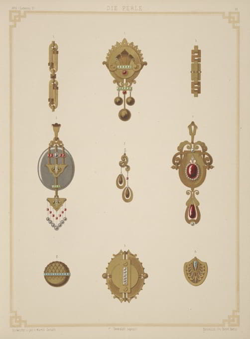 九种珠宝设计，包括镶有绿色和红色宝石的金胸针。