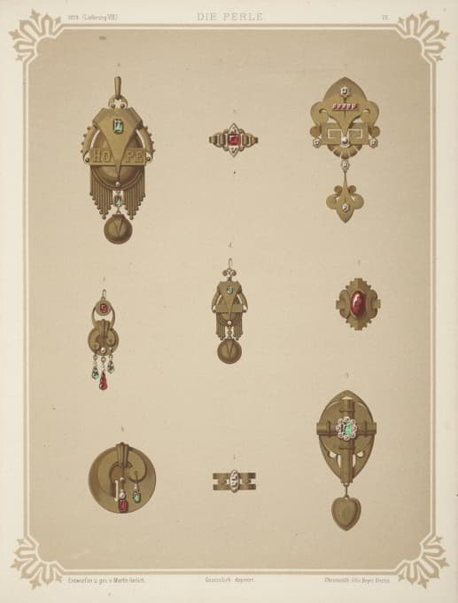 九种珠宝设计，包括镶有绿色宝石的金色胸针和“希望”字样。