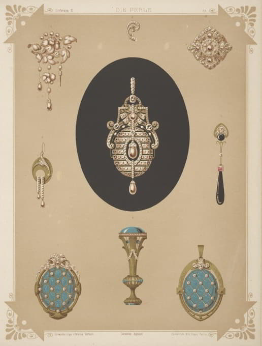 九种珠宝设计，包括大型珍珠和钻石胸针。