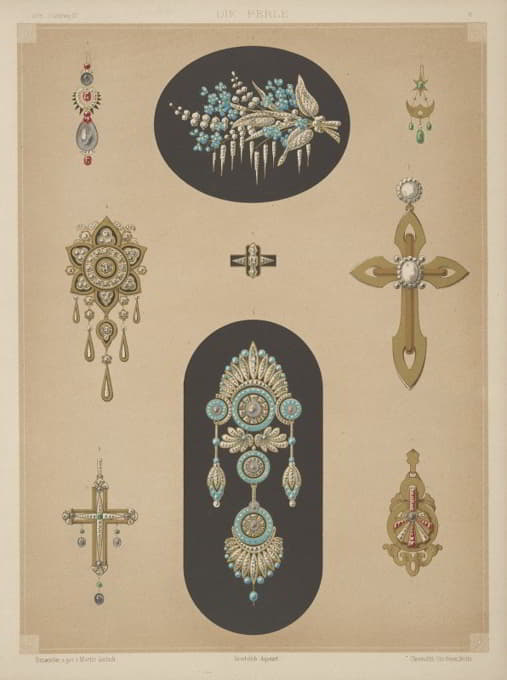 九种珠宝设计，包括两枚镶有蓝色宝石和钻石的大号别针。