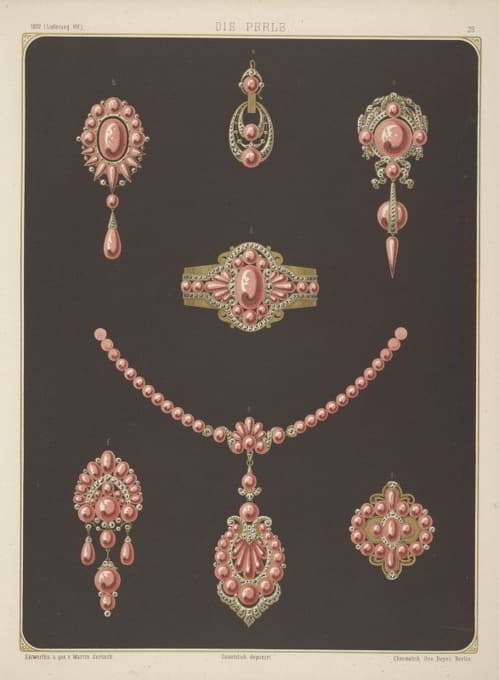 七种珠宝设计，包括手镯、耳环和粉色珍珠项链。