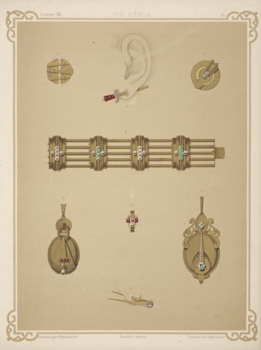 七款珠宝设计，包括镶有红宝石柄的金剑形耳环。