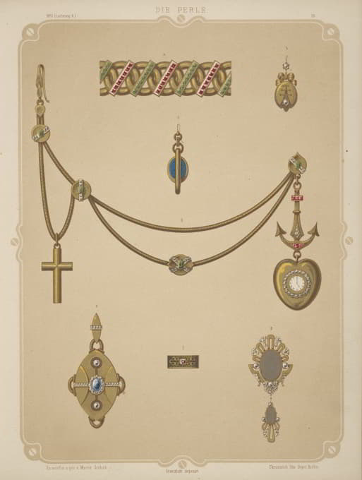 七种珠宝设计，包括金锚上的心形吊坠手表、金链和十字架。