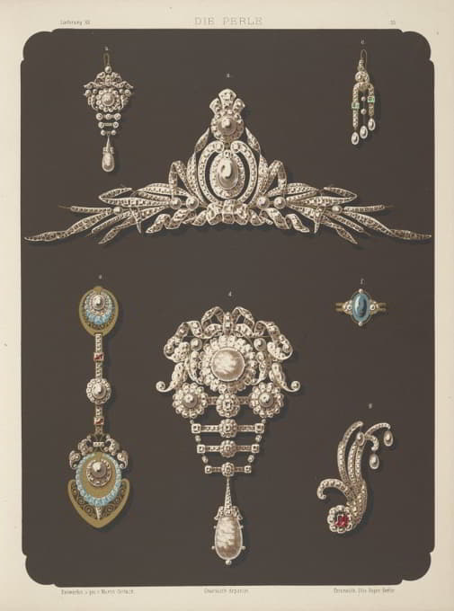 七种珠宝设计，包括大型珍珠和钻石胸针。