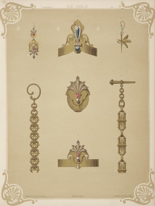 七种珠宝设计，包括镶有蓝色宝石的尖金臂章。