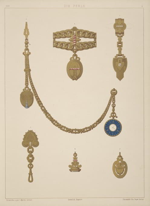 六种珠宝设计，包括金色和蓝色吊坠手表。