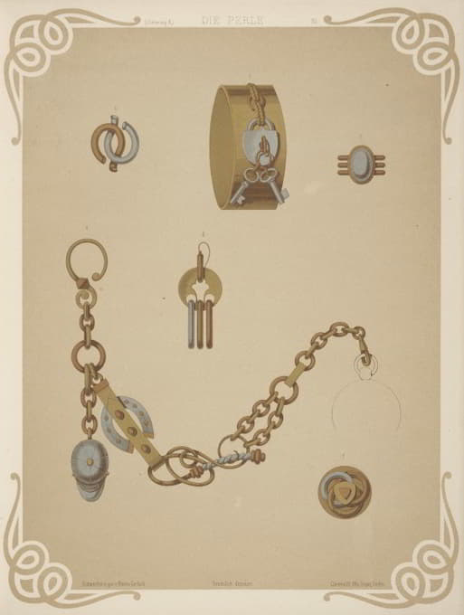 六种珠宝设计，包括带锁和两把钥匙的金手镯。