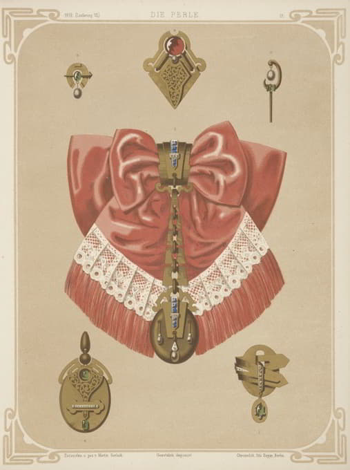 六种珠宝设计，包括金色胸针和带有粉色和蕾丝蝴蝶结的吊坠。