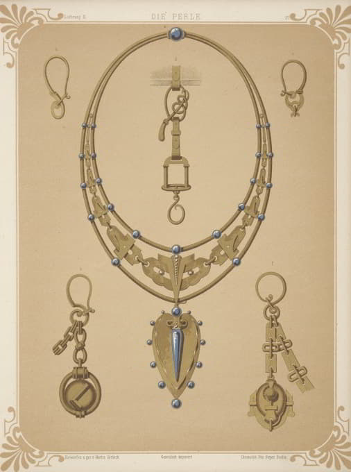 六种珠宝设计，包括带有蓝色宝石的金色吊坠的大项链。