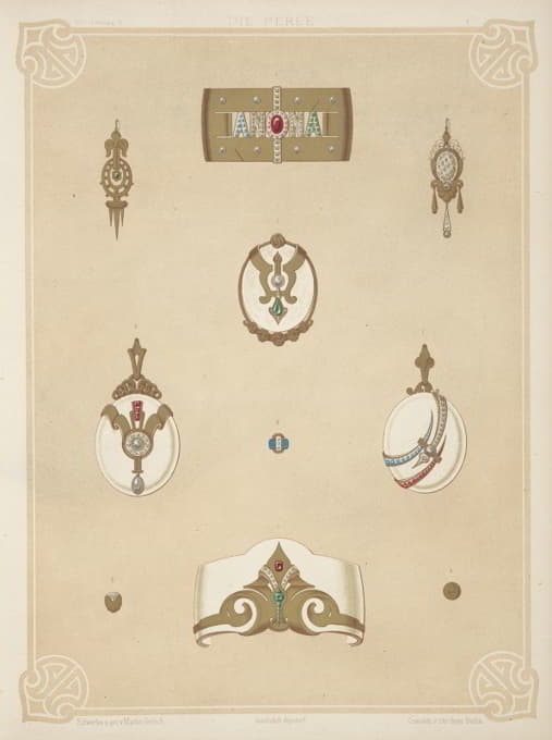 十种珠宝设计，包括珠宝中带有Anona字样的金手镯。
