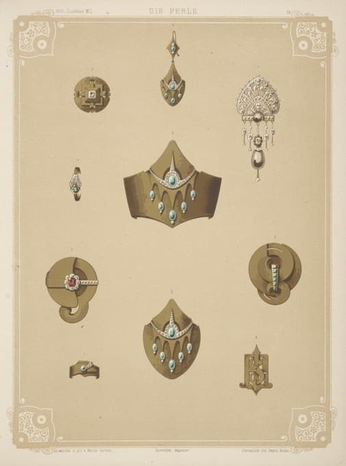 十种珠宝设计，包括镶有绿色宝石的金尖手镯。
